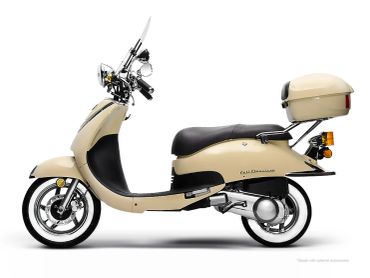 Beige retro-style scooter with storage box.