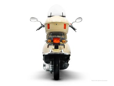 Rear view of a beige motorcycle against white background.