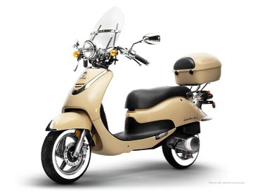 Beige vintage-style motor scooter with windshield and storage box.