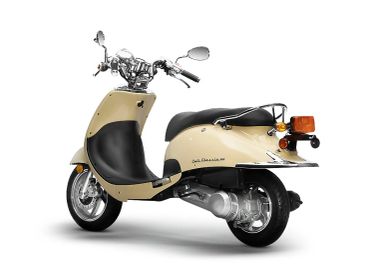 Retro-style cream-colored scooter with black seat.